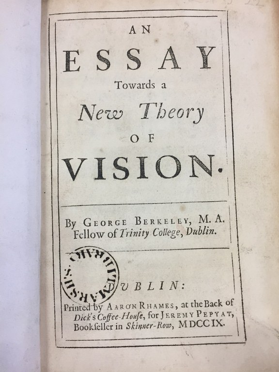 Front Page of "An Essay Towards a New Theory of Vision", George Berkeley, Trinity College, 1709 (image)
